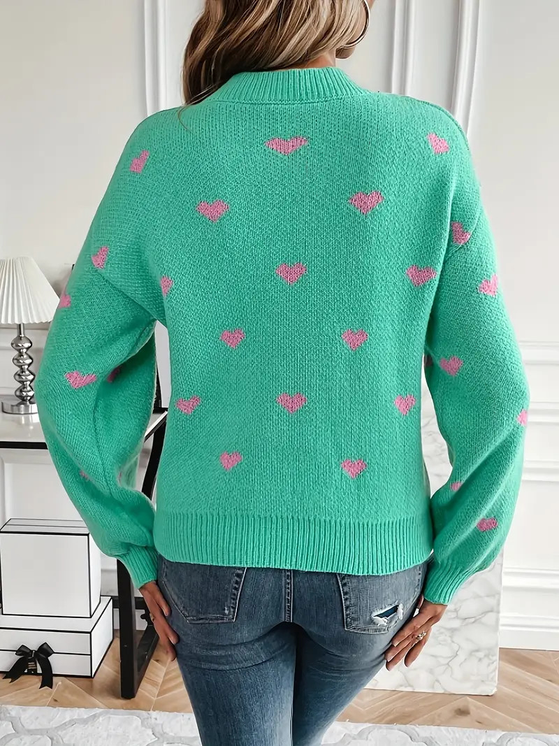 Heart Print Mock Neck Knit Sweater Casual Drop Shoulder Long - Temu | Temu Affiliate Program