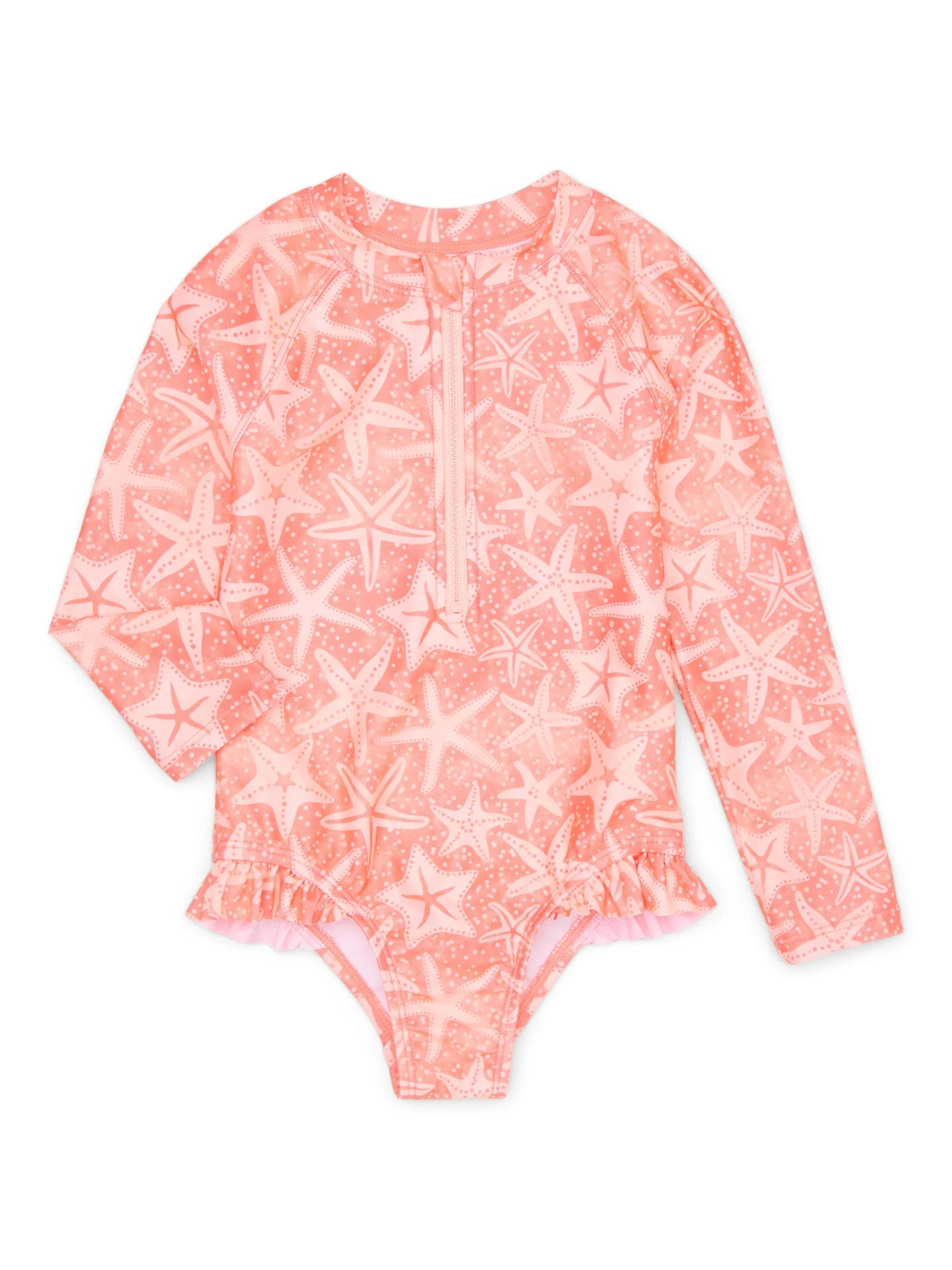 Wonder Nation Baby and Toddler Girls Quarter Zip Ruffle Swimsuit with Long Sleeves, Sizes 12M-5T | Walmart (US)