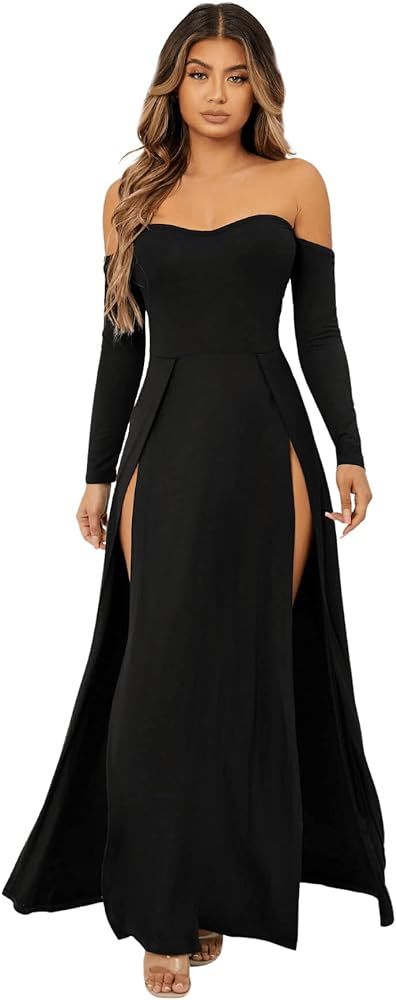 SweatyRocks Women's Elegant Off Shoulder Double High Slit Long Sleeve Dress A Line Maxi Dresses | Amazon (US)