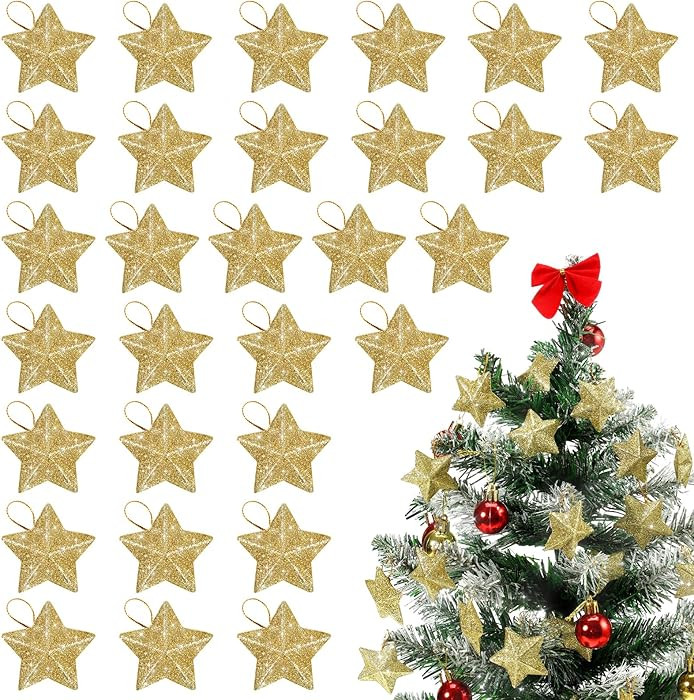 30 Pcs Gold Glitter Star Ornaments Christmas Tree Pendant Mini Hanging Stars Mini Gold Glitter Pe... | Amazon (US)