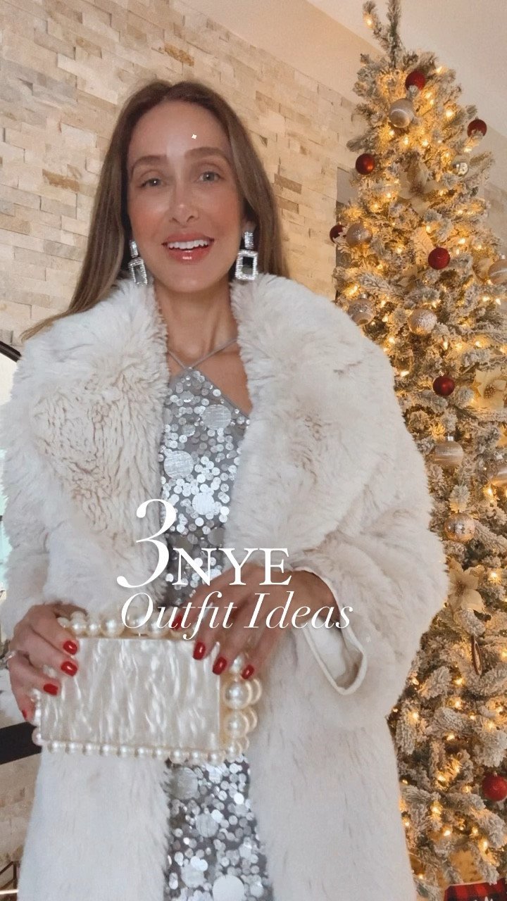 New year eve outfit ideas 
1- LOVE this classy white fur coat paired with a mini silver dress and comfortable shoes - everything run tts - wearing a size small 
2- these metallic pants are so in right now and they definitely make a statement piece . Run tts / wearing a size 3- this skirt with the feather details is amazing. And the black top makes the perfect combo 
They both run tts / wearing a size small on both. 

#LTKstyletip #LTKover40 #LTKHoliday