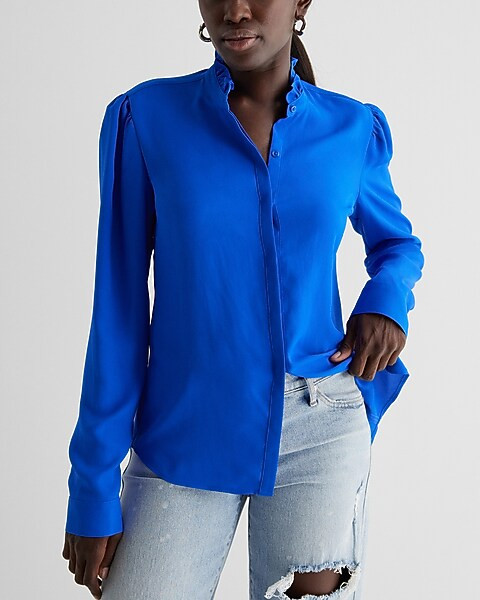 Ruffle Neck Relaxed Portofino Shirt | Express