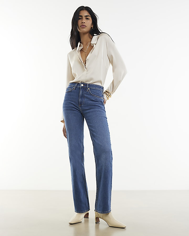 Blue High Rise Stretch Straight Leg Jeans | River Island UK & IE