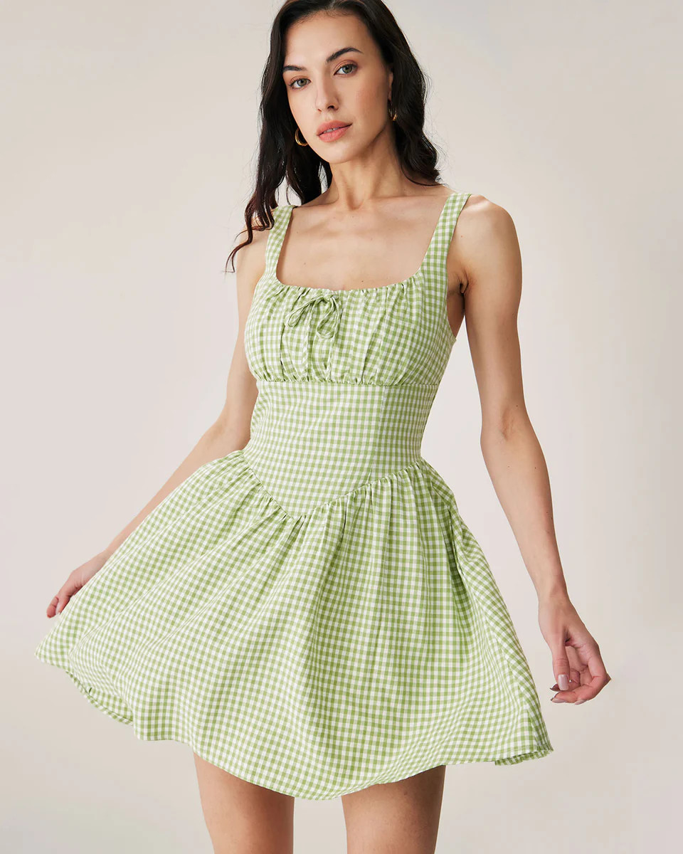 Green Plaid Ruched Slip Mini Dress | rihoas.com