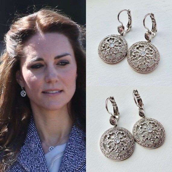 Kate Middleton Inspired Rhodium Cubic Zirconia Circle Art Deco Round Drop Earrings | Etsy (US)