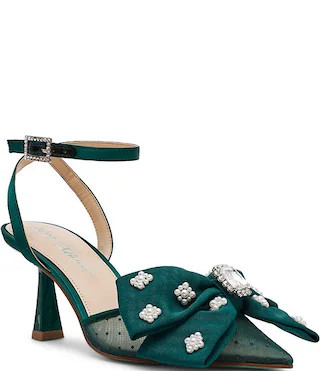 Blue by Betsey Johnson Mark Mesh Oversized Bow Jewel and Pearl Ornamented Ankle Strap Pumps | Dillard's