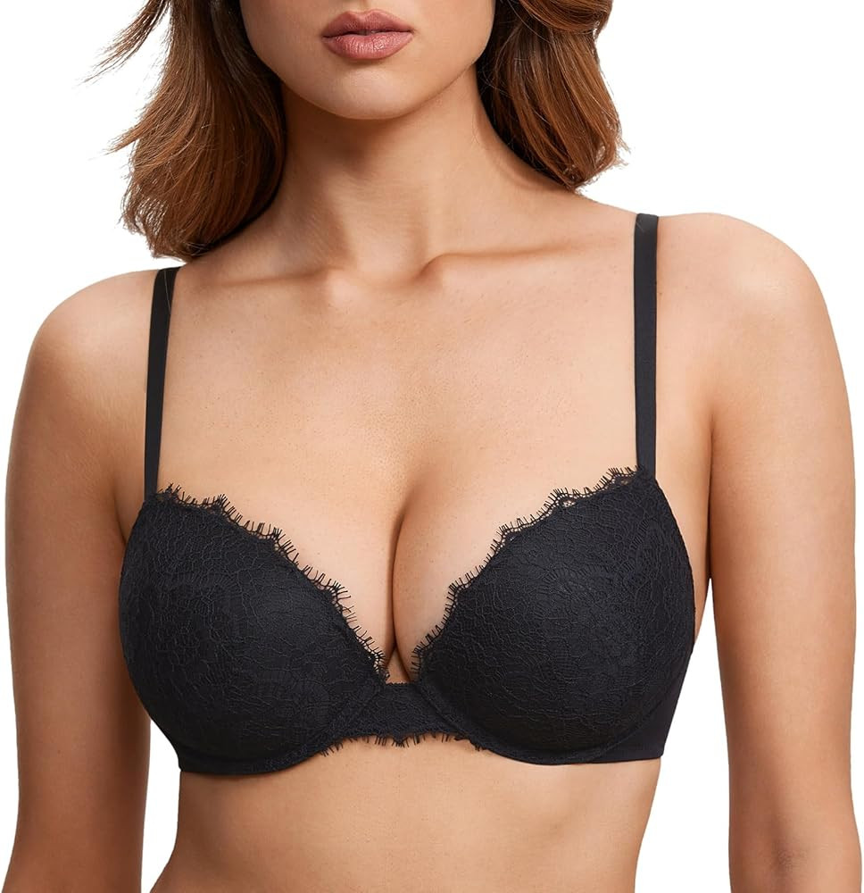 DOBREVA Women's Push Up Bra Lace Full Coverage Plunge Padded Support Underwire Bras Add 1.5 Cup | Amazon (US)