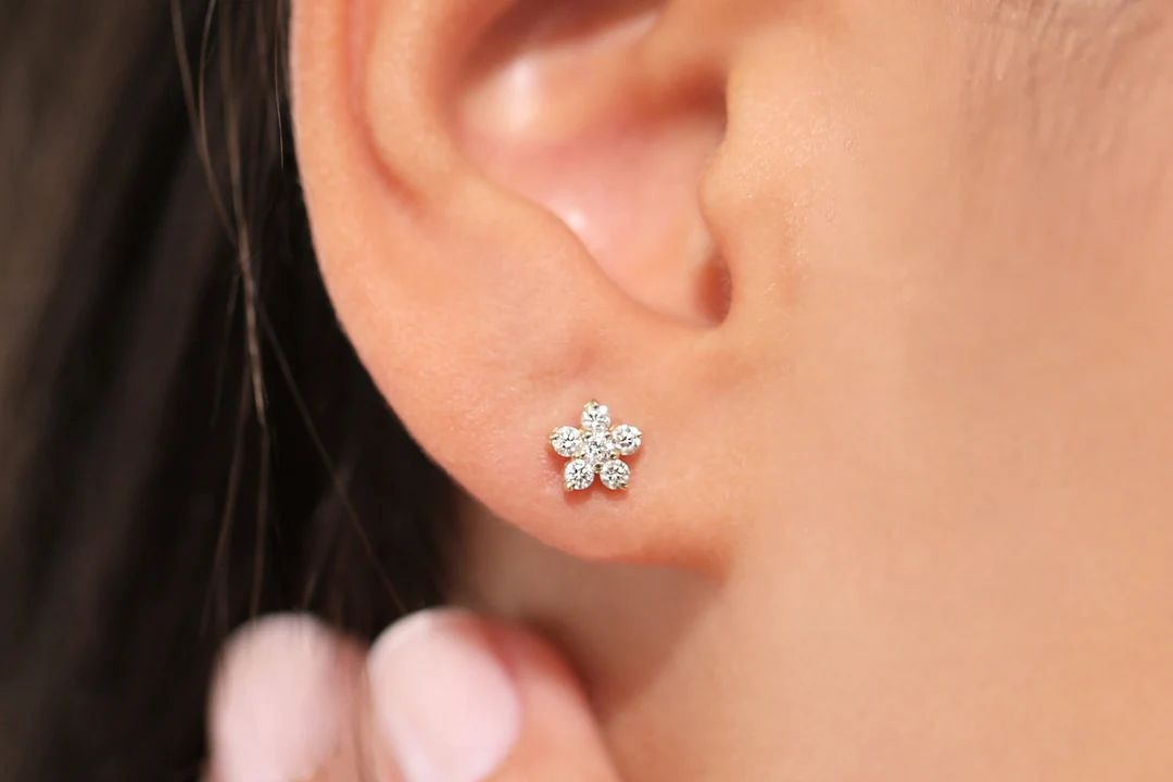 Diamond Earring / 14k Gold Earring / Diamond Cluster Earring /  Rose Gold Flower Design Diamond E... | Etsy (US)