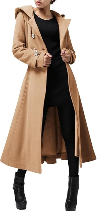 Cicy Bell Womens Long Double-Breasted Hooded Coat Warm Woolen Coat with Belts | Amazon (US)