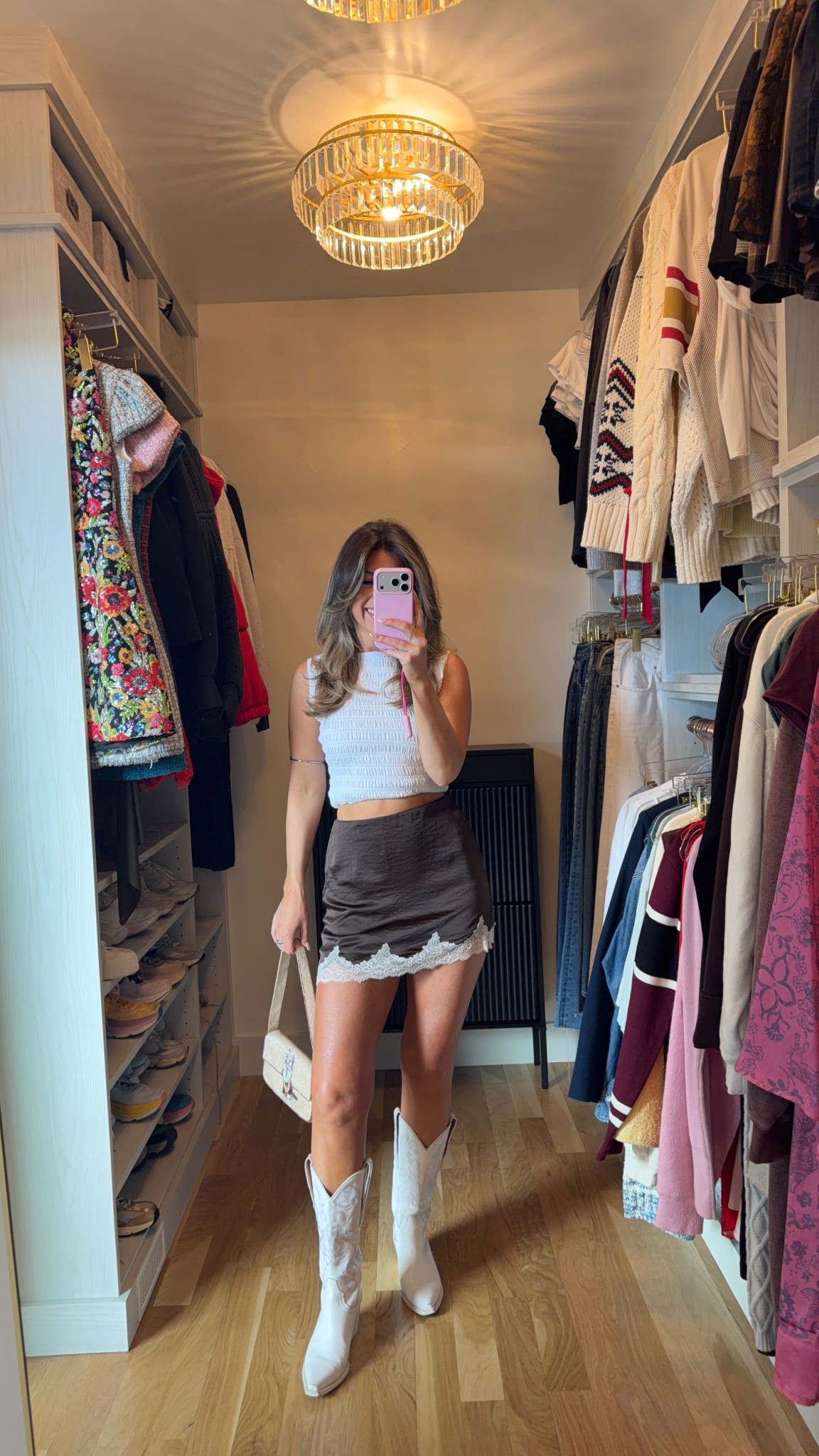 Abercrombie brown satin lace detail skort with white smocked top and boots

Wearing xs skort small top

Date night
Casual 
Everyday
Spring look
Skort
Smocked top
White boot

#LTKgrwm #LTKootd #LTKSeasonal