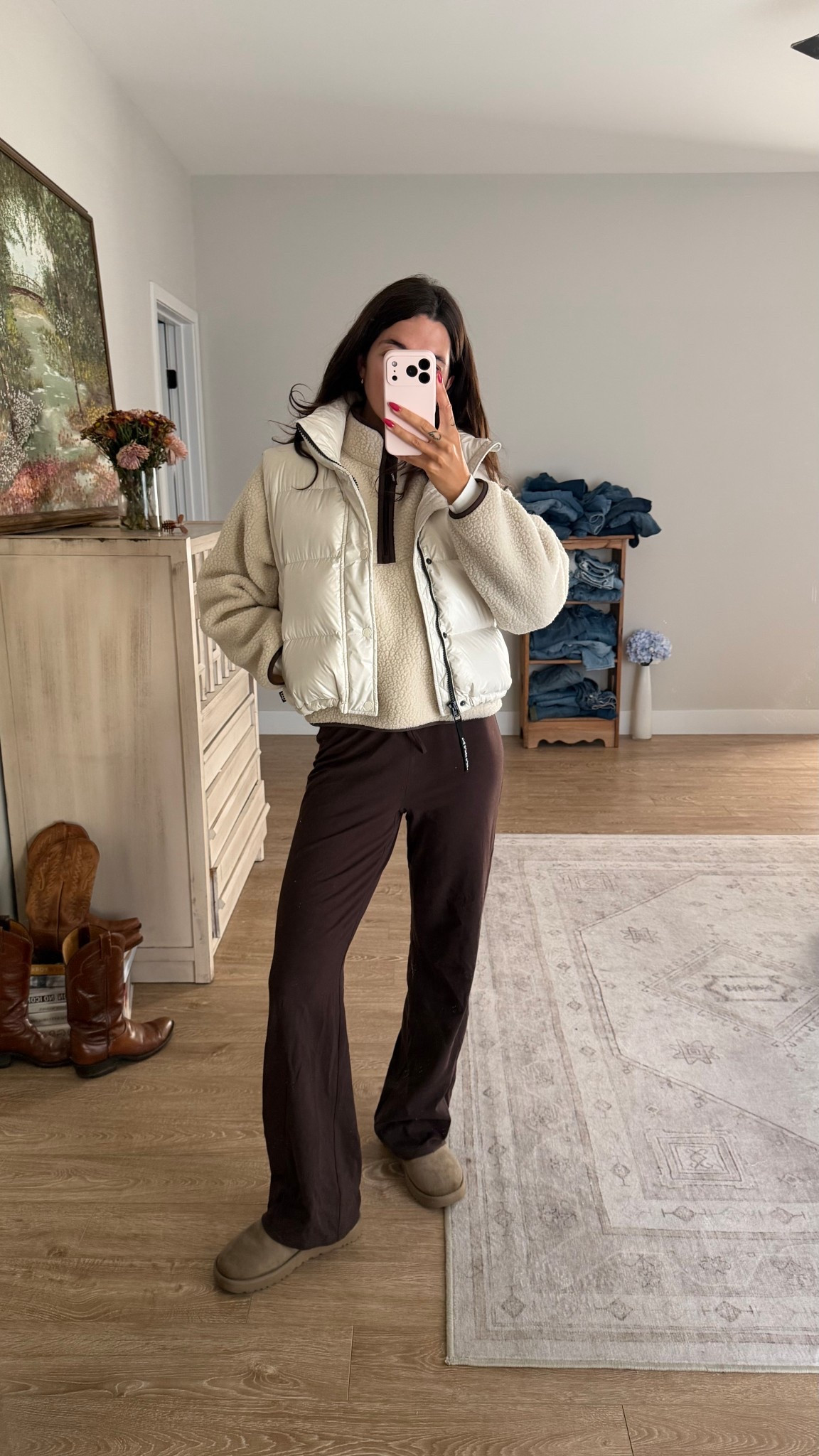 Cozy fall outfit! Linked similar fleece since this colorway sold out, wearing a M and then a S in vest!!! S in pants 