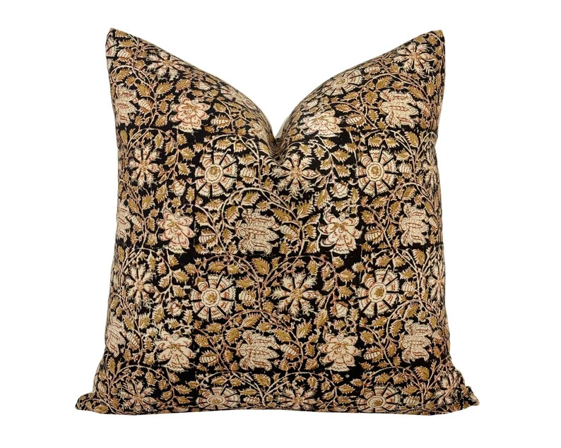 RAYA Black Ochre Floral Pillow Cover, Block Print Pillow, Dark Floral Pillow, Black and Mustard P... | Etsy (US)