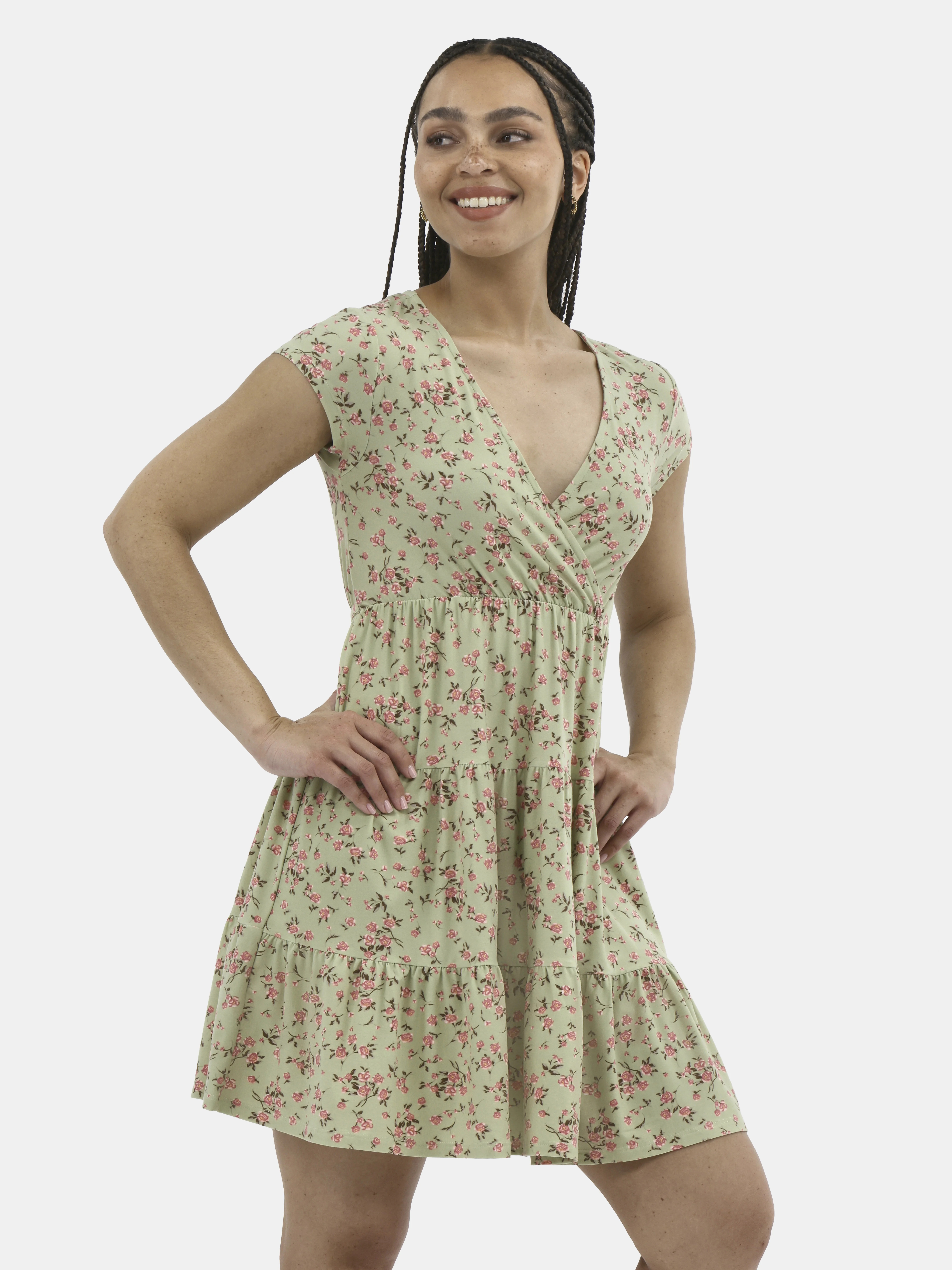 No Boundaries Tiered Surplice Dress with Cap Sleeves, Women's | Walmart (US)