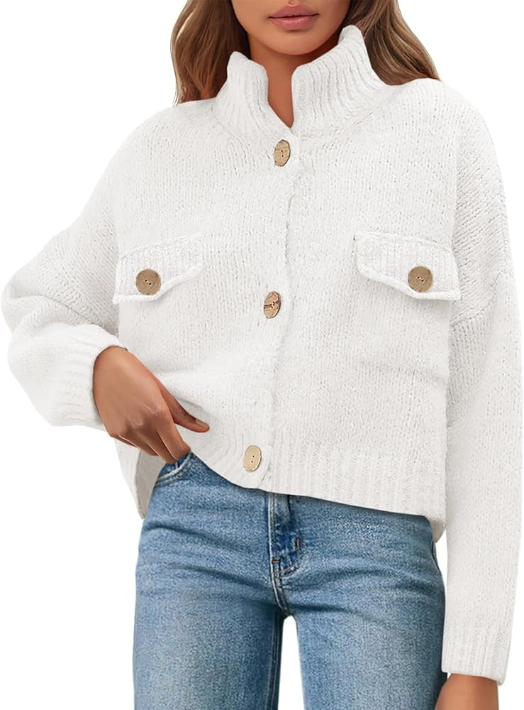 Saodimallsu Womens Cropped Cardigan Sweaters Button Up Chunky Knit Long Sleeve Collared Open Fron... | Amazon (US)
