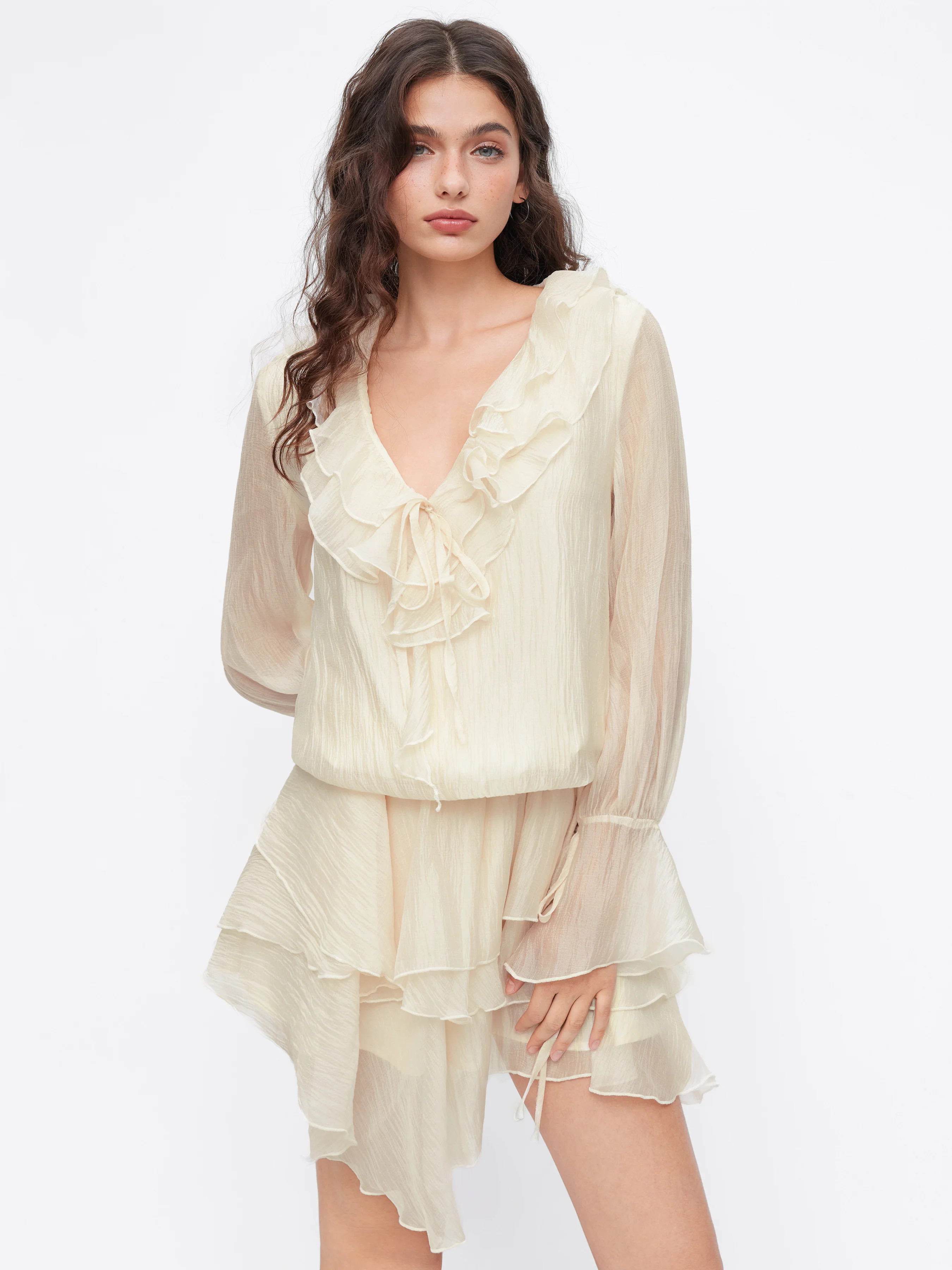 Chiffon Chiffon V-neck Lantern Sleeve Ruffle Knotted Asymmetrical Hem Mini Dress For Daily Casual | Cider