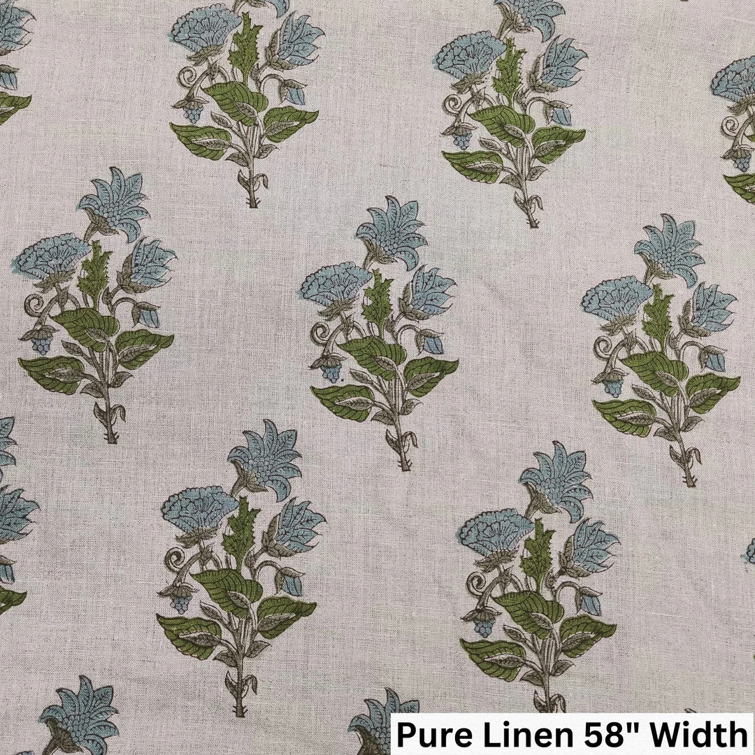 ABHISHEK Grey Green Large 6 Long Floral Block Print Linen Fabric, Pillow Cushion Upholstery Fabri... | Etsy (US)
