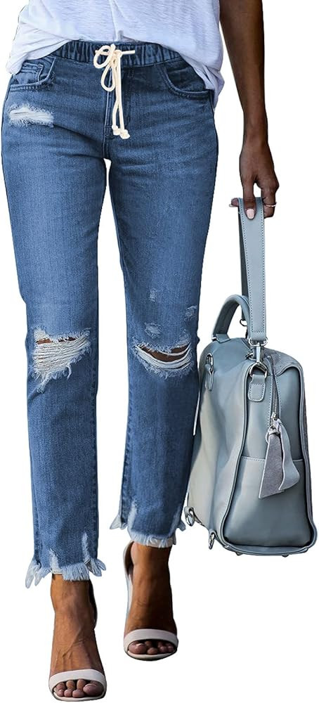 Sidefeel Women's Ripped Jogger Jeans Drawstring Elastic Waist Denim Pants | Amazon (US)