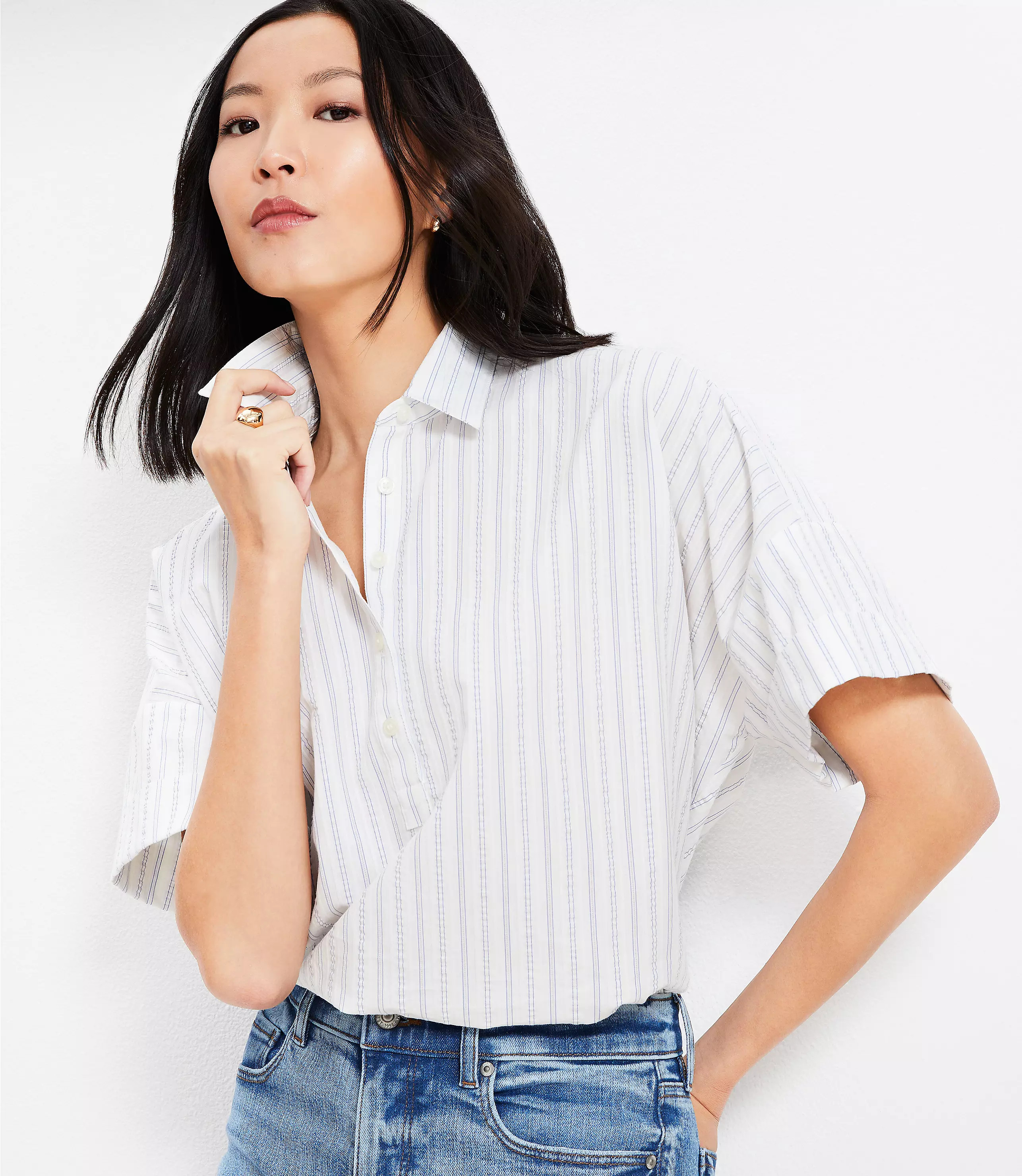 Striped Henley Dolman Everyday Tunic Shirt | LOFT