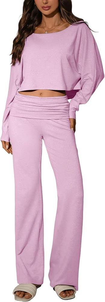 Women’s 2 Piece Lounge Set, Long Sleeve Off Shoulder Top & Wide Leg Pants – Soft, Stretchy Ou... | Amazon (US)
