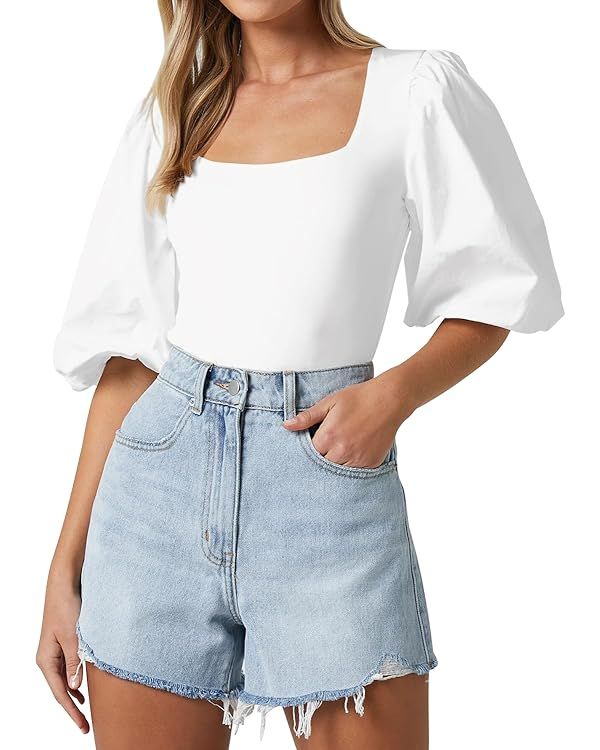 Women's Square Neck Puff Short Sleeve Tops Summer Dressy Casual Blouse T Shirts | Amazon (US)