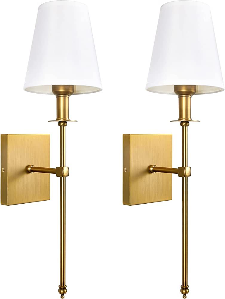 PASSICA DECOR Modern Antique Brass Wall Sconce Set of Two, with Vertical Rod and White Fabric Fla... | Amazon (US)