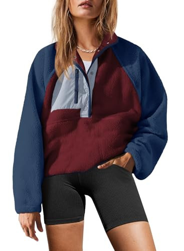 Yanekop Womens Fleece Pullover Fuzzy Jacket Oversized Sherpa Sweatshirt Christmas Sweaters Cute with Pockets(Burgundy Blue,M) | Amazon (US)