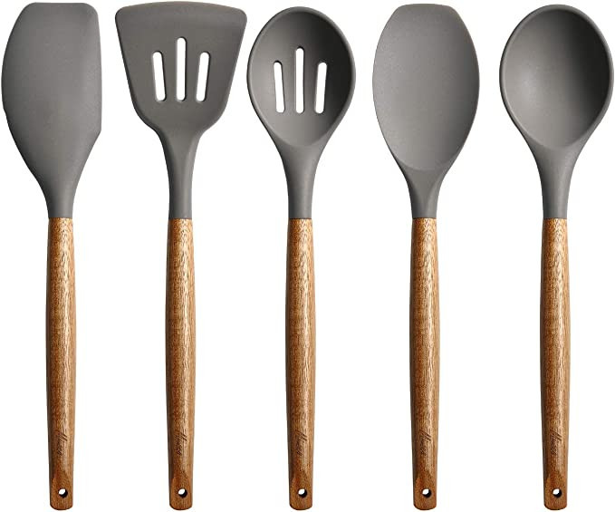 Miusco Non-Stick Silicone Kitchen Utensils Set with Natural Acacia Hard Wood Handle, 5 Pieces, Gr... | Amazon (US)