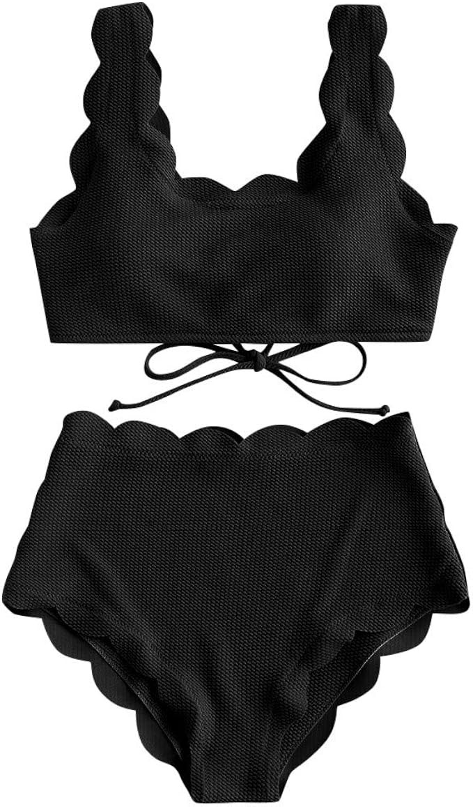 Women抯 Two-Piece Lace-up Scalloped Textured High Waisted Padded Wire Free Bikini Set Swimsuit S... | Amazon (US)