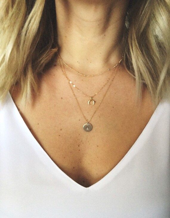 Petite Moon/Crescent, Charm, and Dew Drop Layered Necklace / 14k Gold Filled / Sterling Silver / 3 i | Etsy (US)