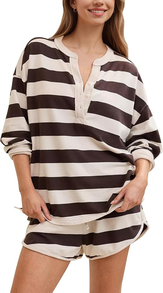 Livtany Women's Striped Matching Workout Set Oversized Henley Shirts and Drawstring Shorts with P... | Amazon (US)