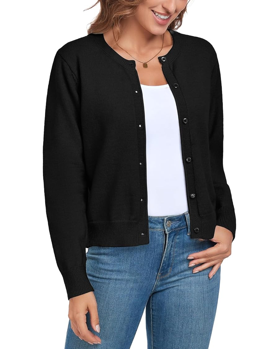ADANIKI Women's Long Sleeve Button Knit Cardigan Sweater Lightweight Open Front Crew Neck Tops fo... | Amazon (US)