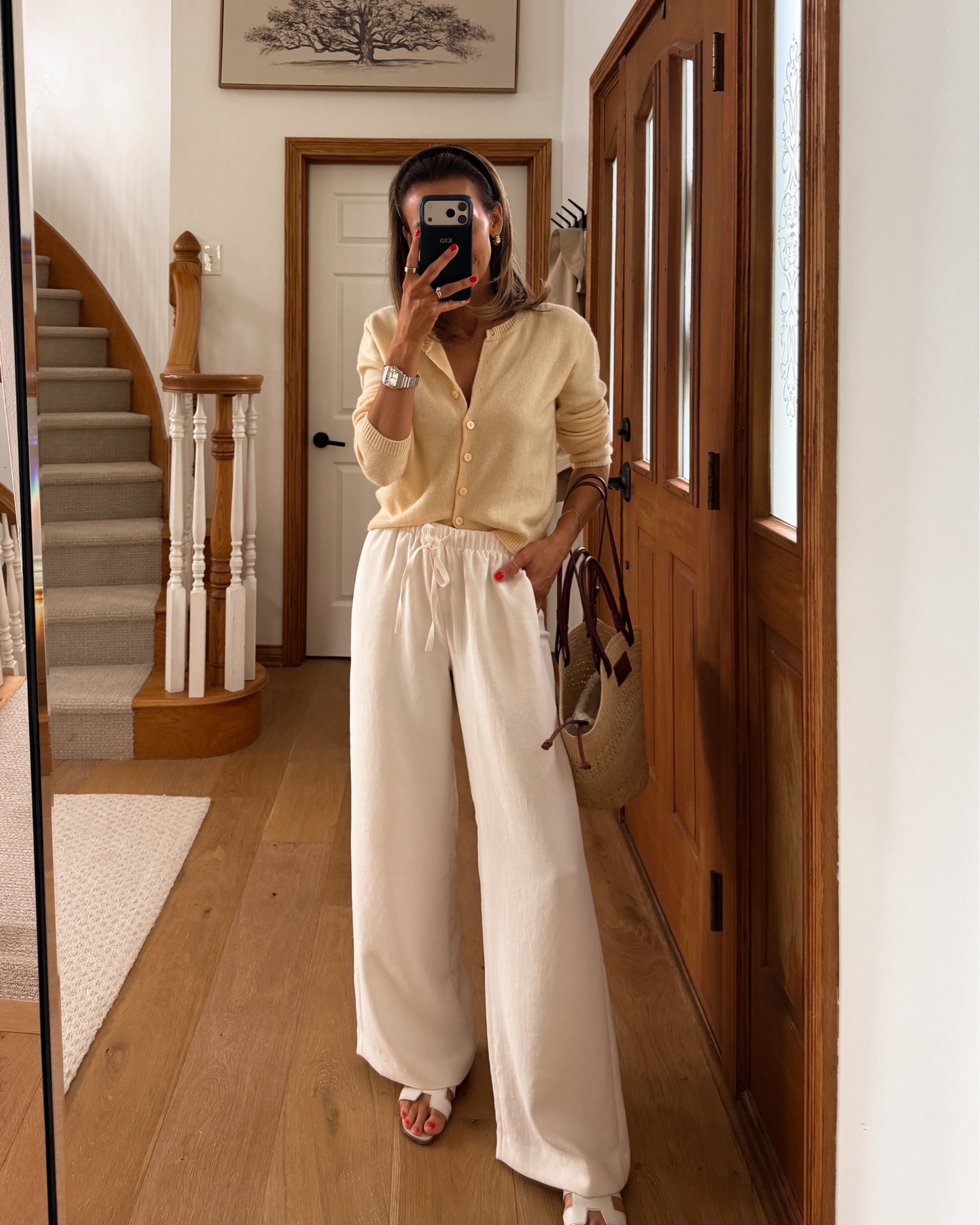 What I wore to my physical therapy appointment today! Pants are perfect for everyday but also my go-tos for spring/summer travels! Size small (I sized up and have the regular length) cashmere cardi size small and sezane straw bag, linking a similar!

#LTKootd #LTKOver40 #LTKSeasonal