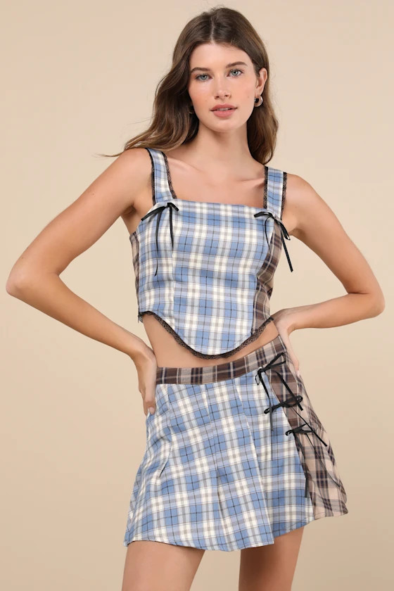 Plaid to Have It Blue and Brown Plaid Patchwork Bow Mini Skirt | Lulus