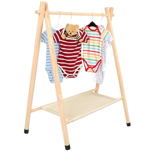 Queekay Kids Clothing Rack Kids Garment Rack for Baby Shower Pets Dolls Baby Dress up Storage Wooden Clothes Organizer with Storage Shelf Hanger Rack (Beige,Medium) | Amazon (US)