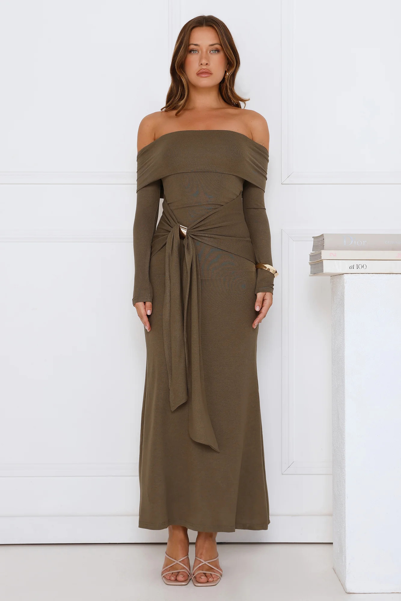Subtle Statement Off Shoulder Maxi Dress Olive | Hello Molly (US)