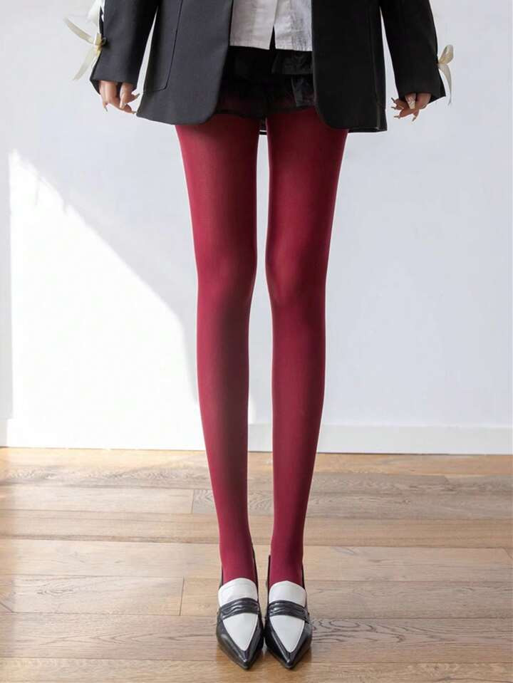 1pc Women's Wine Red Velvet High-End Vintage Style Thick Tights, Matte, Any Cut High Elastic Pant... | SHEIN