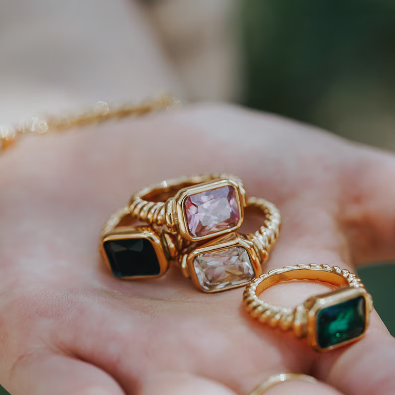 Gold Signet Statement Ring, Chunky Baguette Ring, Gemstone Ring, Stackable Ring, Solitaire Ring, ... | Etsy (US)