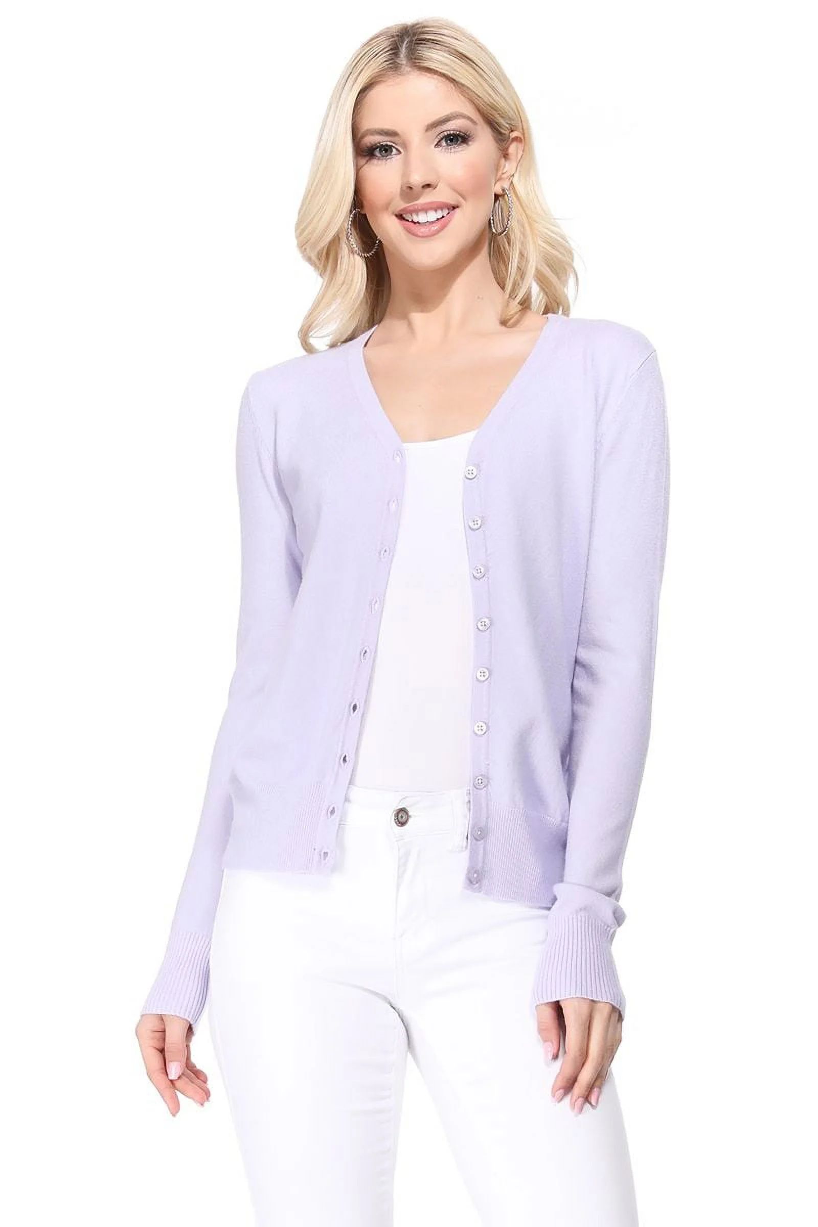 YEMAK Women's Long Sleeve V-Neck Button Down Soft Knit Cardigan Sweater MK5178-Lilac-M | Walmart (US)