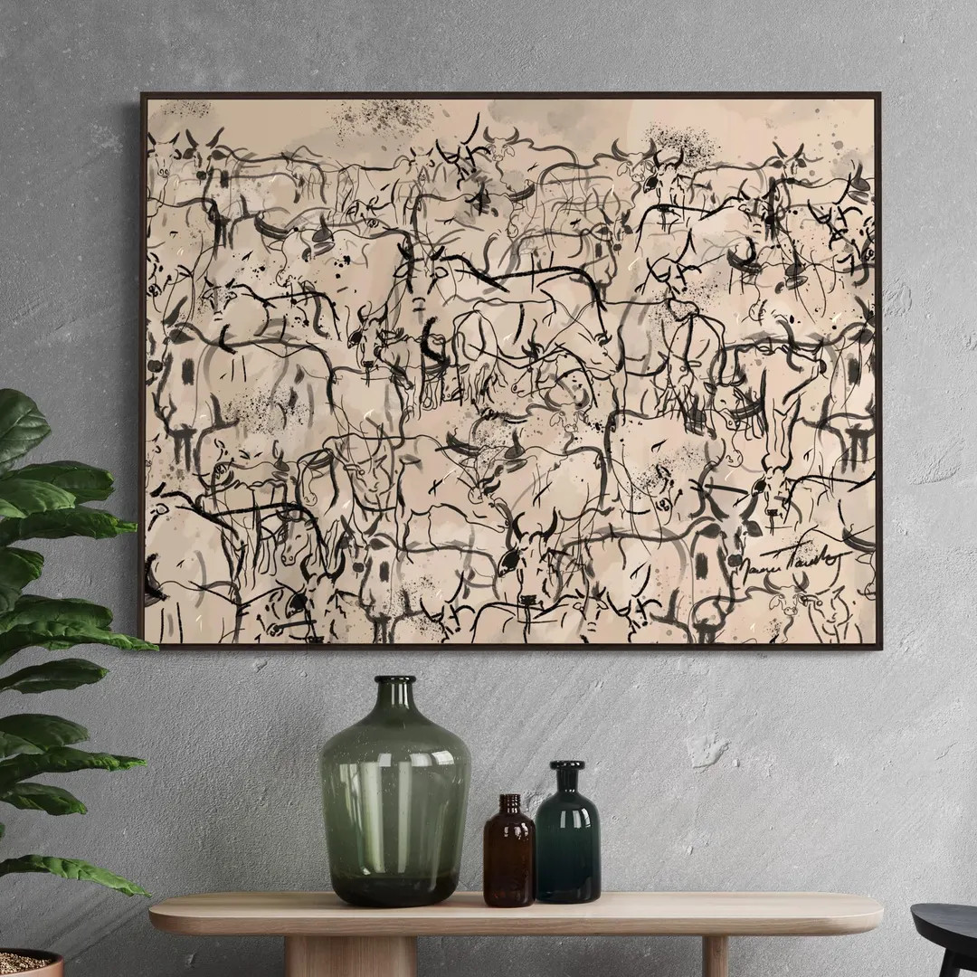 Wayward Herd of Cows Print, Mid Century Modern Cattle Art, Framed Canvas | Etsy (US)
