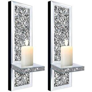 Crystal Crush Diamond Candle Sconces, Silver Mirrored Wall Sconce, Candle Holder Glass Wall Decorations, Set of 2 | The Home Depot