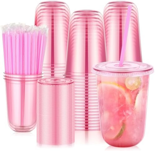 100 Set 16oz Pink Round Bottom Plastic Cups with Lids and Straws | Amazon (US)