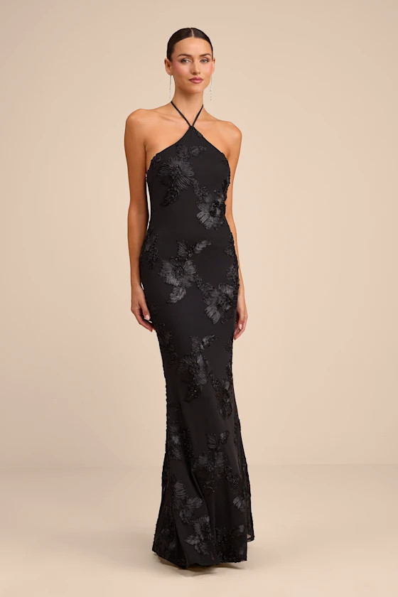 Celyna Black Mesh Floral Applique Halter Mermaid Maxi Dress | Lulus