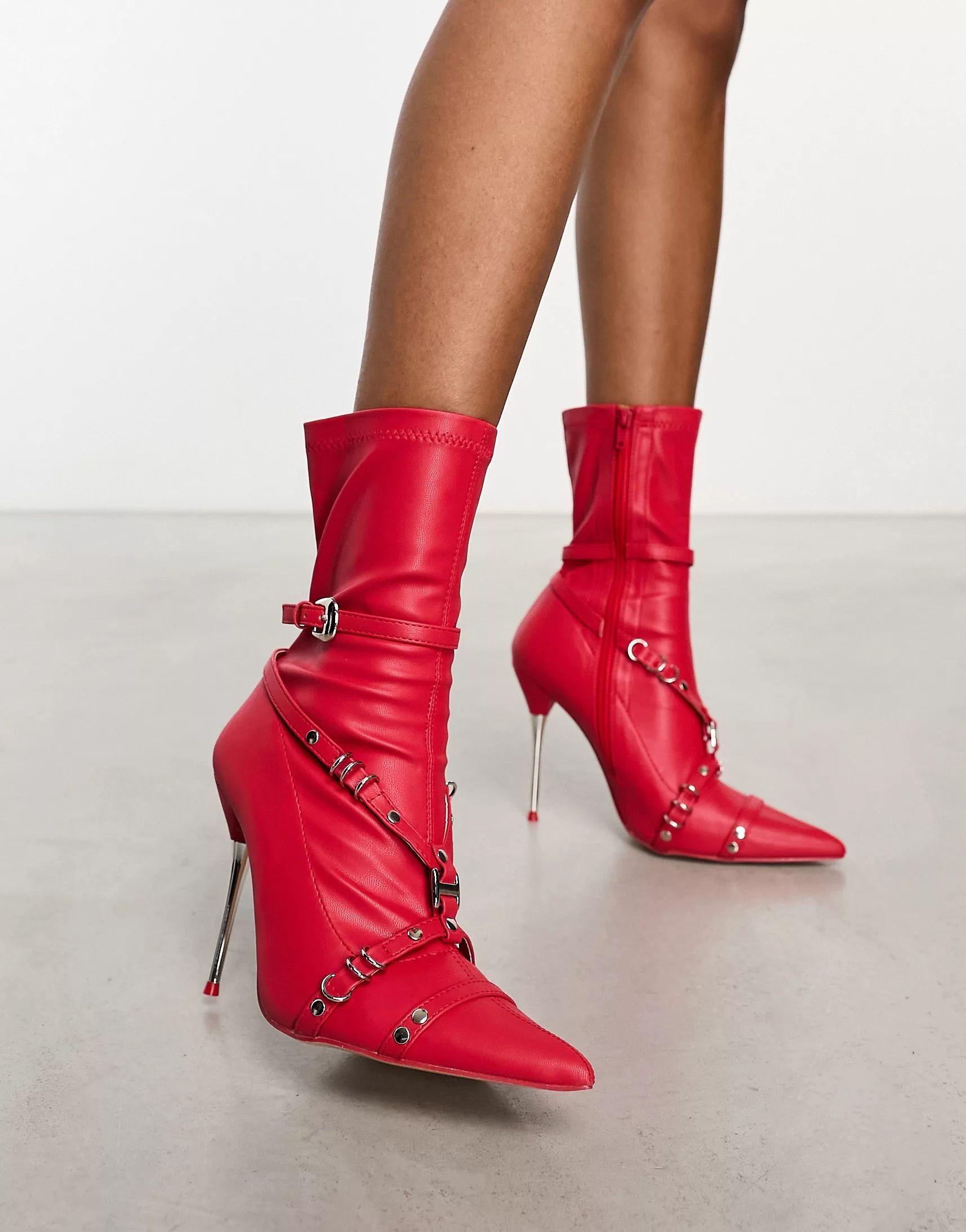 Public Desire Joyride strap detail heeled boots in red | ASOS (Global)