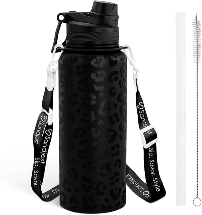 Black Leopard Skin Stainless Steel Water Bottle with Strap 32oz, Insulated Bottles with Straw and... | Amazon (US)