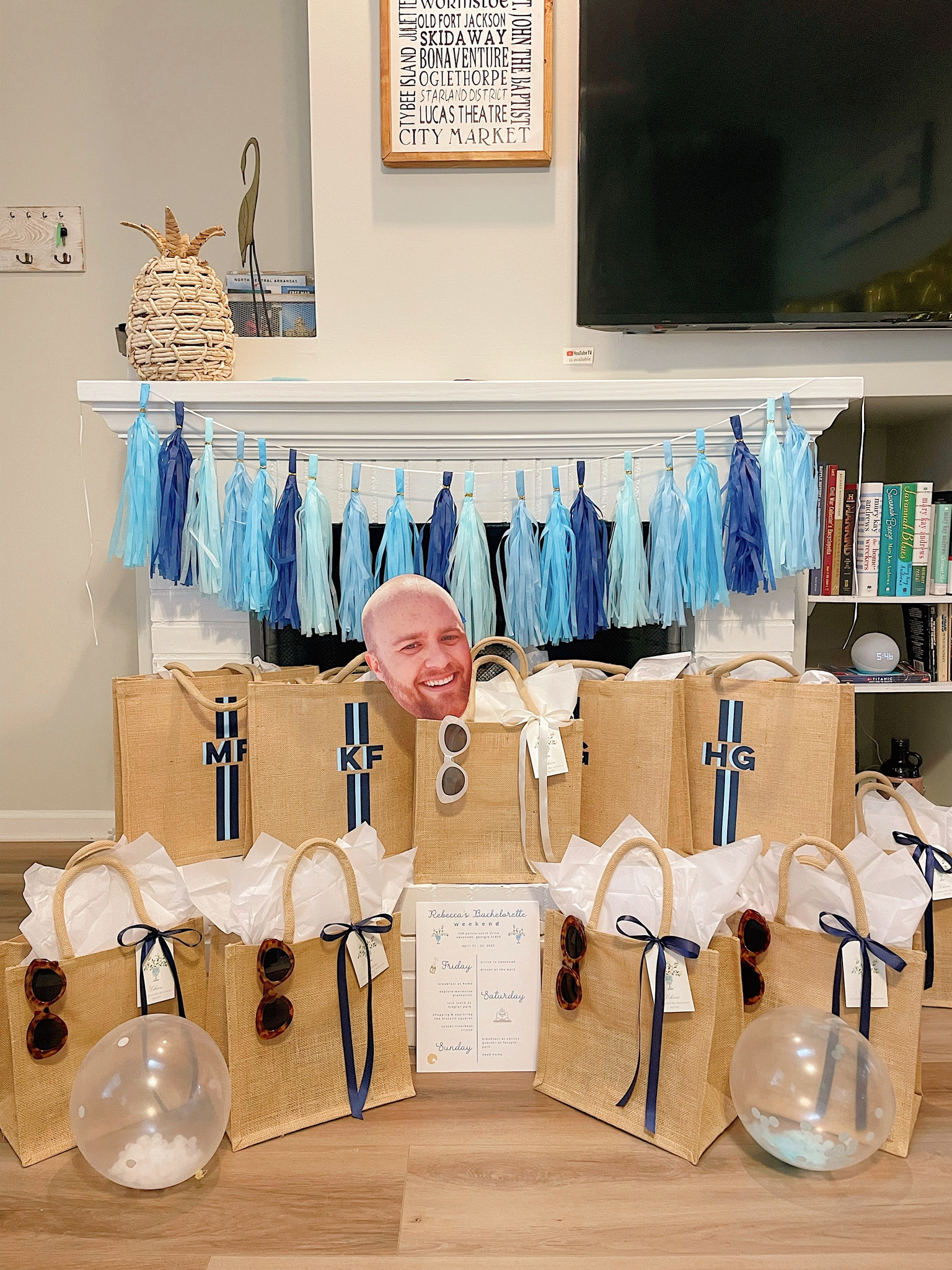 Bachelorette Bridesmaids Gifts 🤍 Monogram Jute Totes, medium Jute Totes, Groom’s Face Cutout on a Stick, and Tassel Garland are all from Etsy!! Sunglasses and balloons are from Amazon. Tags are Dogwood Hill (can’t link here) and the Itinerary was made on Canva! Bags were filled with items to wear on the big day and self care goodies 💍

#LTKtravel #LTKGiftGuide #LTKwedding