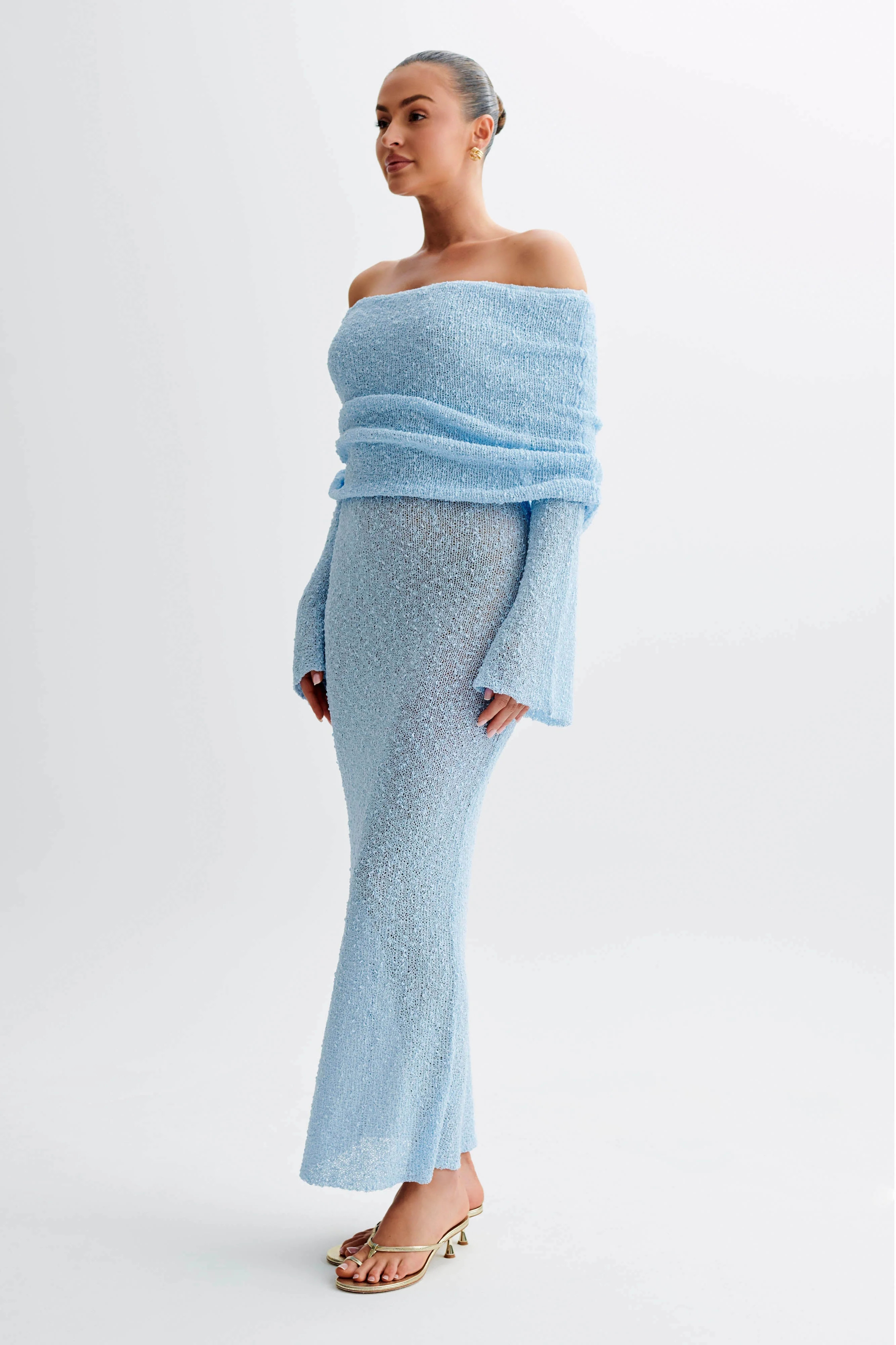Marisol Off Shoulder Boucle Maxi Dress - Light Blue | MESHKI US