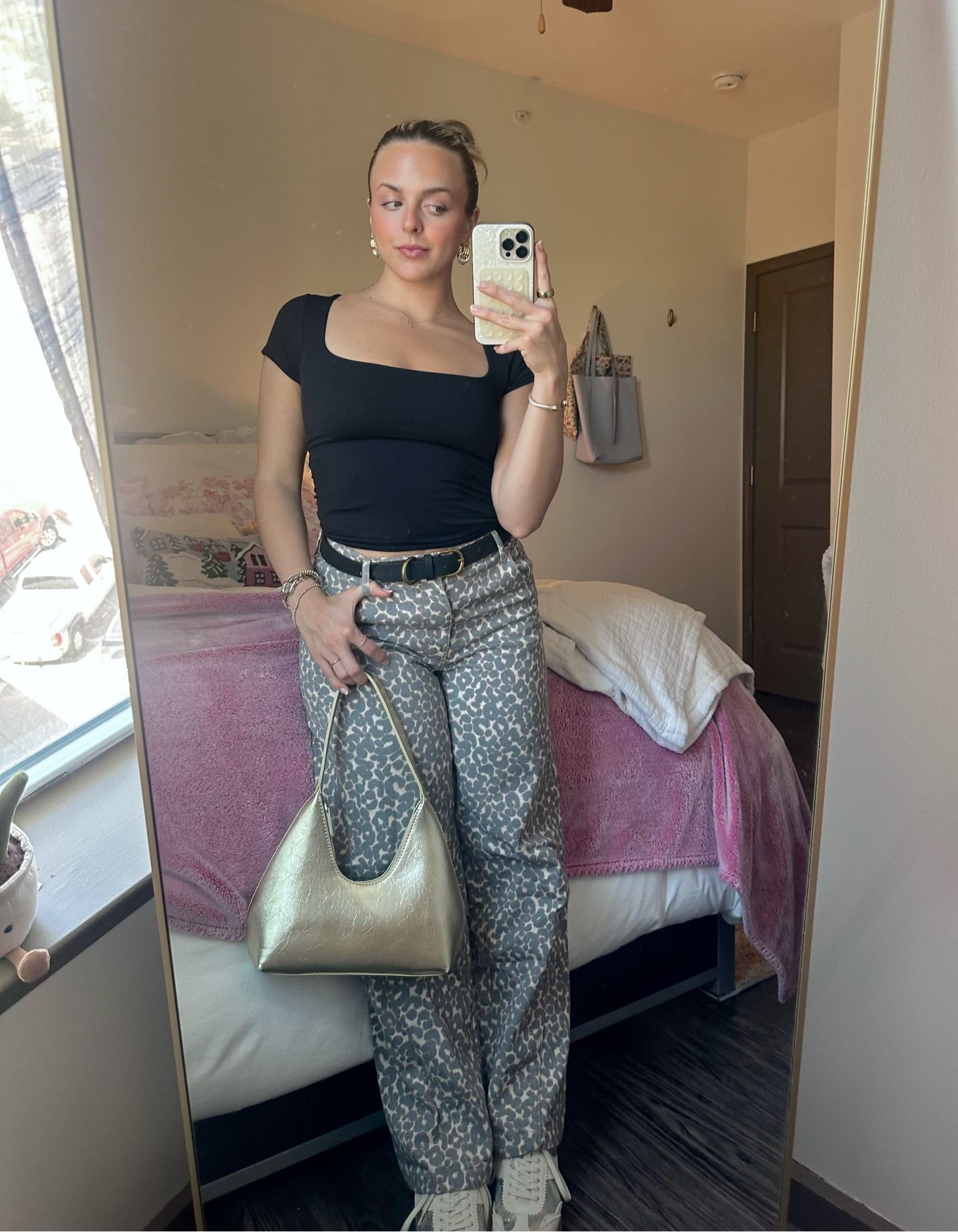 a little saturday night fit ⚡️⚡️ Target Wild Fable Cheetah Pants, Free People Black Square Neck Top, Dolce Vita Sneakers, Amazon Gold Purse, Target Belt, Mixed Metal Accessories 

#LTKSeasonal #LTKstyletip #LTKfindsunder50