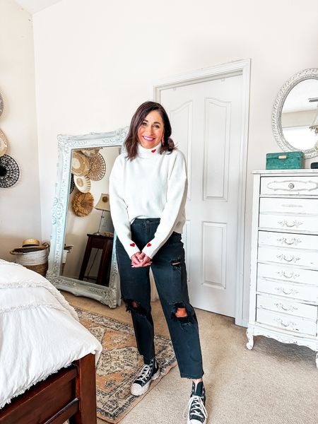  Causal Valentines outfit!
White cropped turtle neck sweater with hearts❤️

Black distressed jeans// heart sweater// Valentines outfit 


#LTKstyletip #LTKfindsunder50