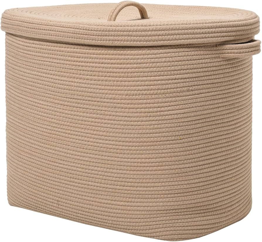 22"x14"x18" Rectangular Extra Large Storage Basket With Lid, Large Cotton Rope Storage Basket, Wo... | Amazon (US)