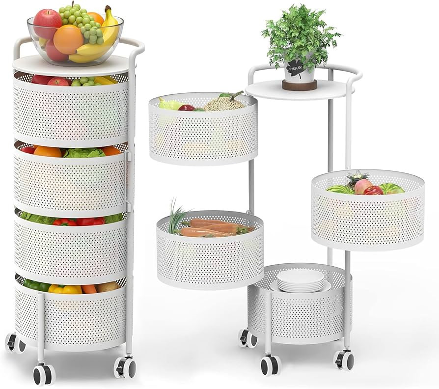 JAQ Rotating Storage Carts No Assembly, 4-Tier Round Storage Basket Rack Shelf Organizer on Rolli... | Amazon (US)